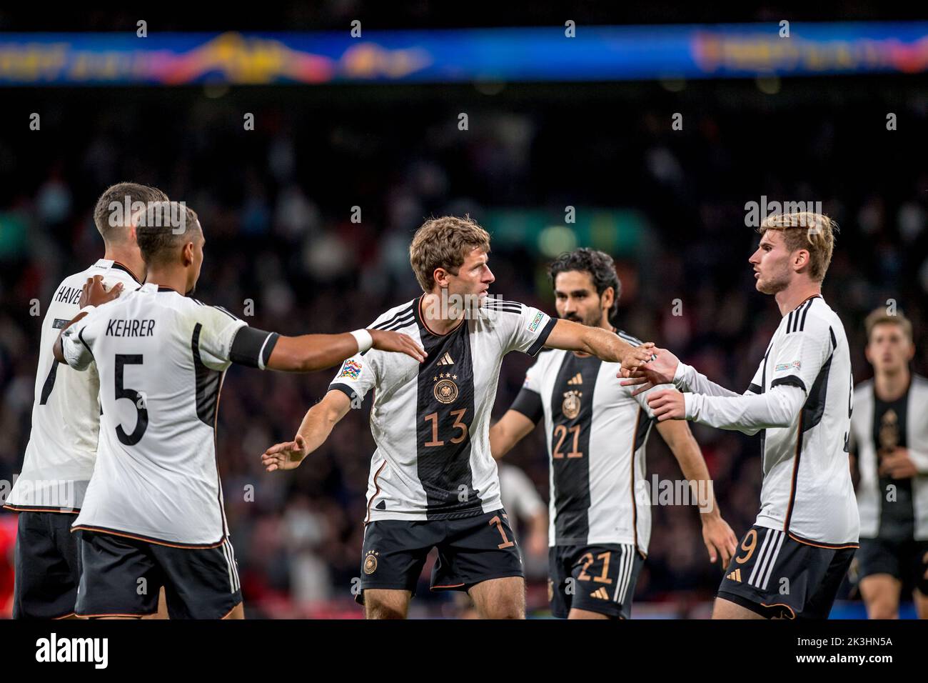 London, UK. 27th Sep, 2022. Kai Havertz and his team mates celebrate scoring his second and Germany's third goal to draw level with England as 3-3 during the Nations League match between England and Germany at Wembley Stadium, London, England on 26 September 2022. Photo by Phil Hutchinson. Editorial use only, license required for commercial use. No use in betting, games or a single club/league/player publications. Credit: UK Sports Pics Ltd/Alamy Live News Stock Photo