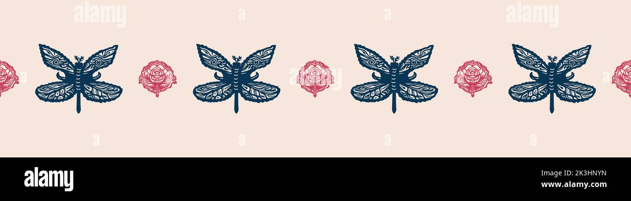 Retro butterfly seamless border. 70s style ecological insect garden ...