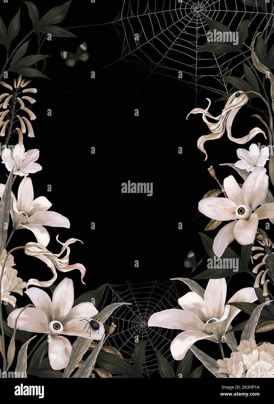 Vintage floral frame for Halloween. Mystical lilies with eyes, peonies