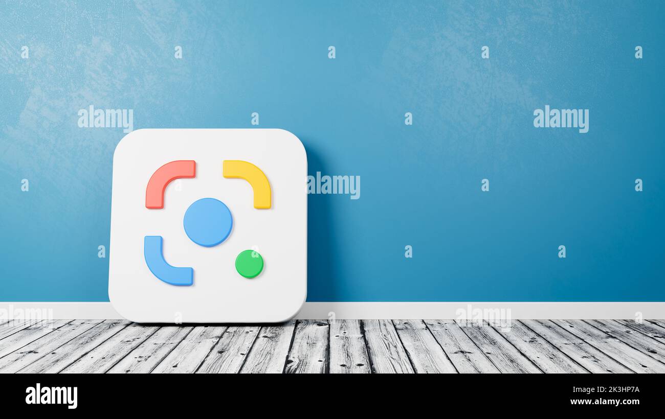 Google Lens Logo 3D Symbol Shape on Wooden Floor Against Blue Wall with Copy Space 3D Render Illustration Stock Photo