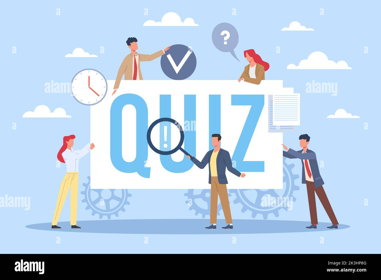 Quiz, puzzle, brain gameplay, entertainment competition, mental challenge. Tiny people and plate with text. Characters team work. Questions and Stock Vector
