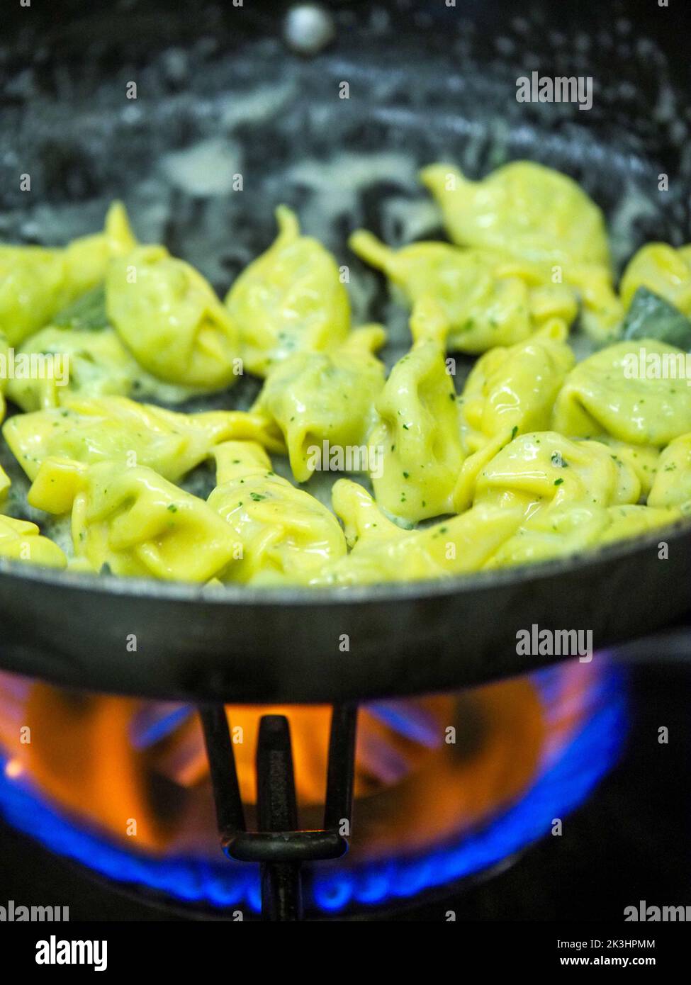 chef blending green ricotta cheese spinach filling tortellini Stock