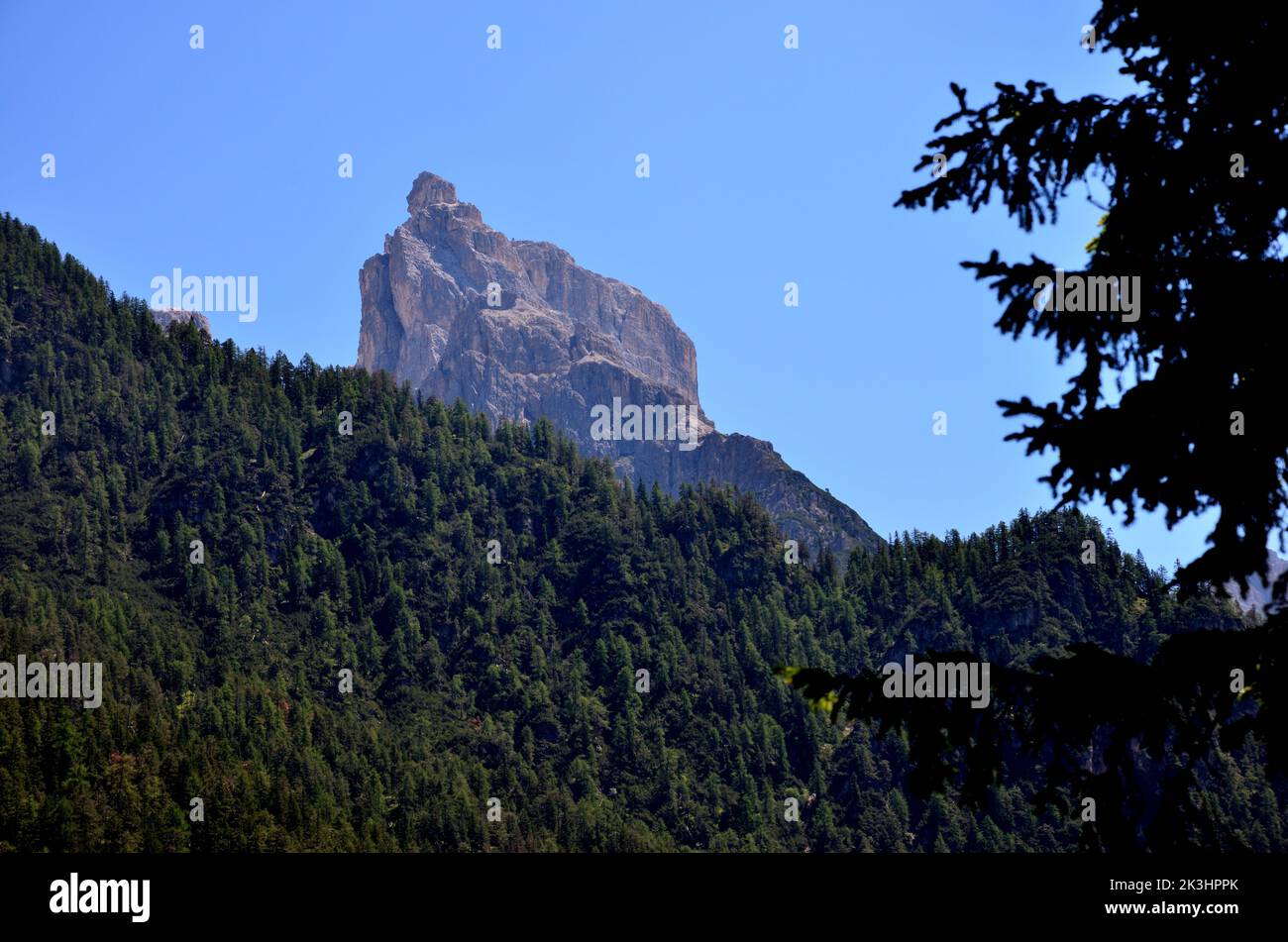 The Croda dei Baranci, Birkenkofel, seen from Lake Dobbiaco. A ...