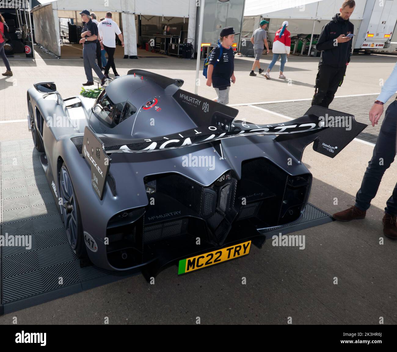 Rear view of the McMurtry Spéirling Electric Fan Car, outright record holder at the Goodwood Festival of Speed, on display at the Silverstone Classic Stock Photo