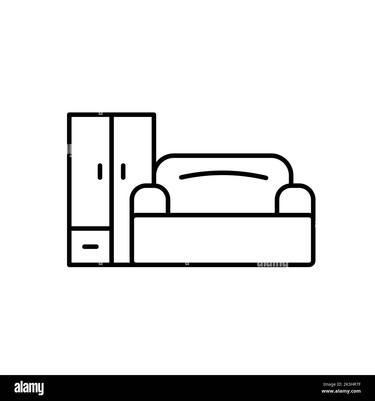 Simple furniture outline vector black icon. EPS 10. Contains such Icons as sofa. And wardrobe symbol. Basic furniture... Single Illustration on white. Stock Photo