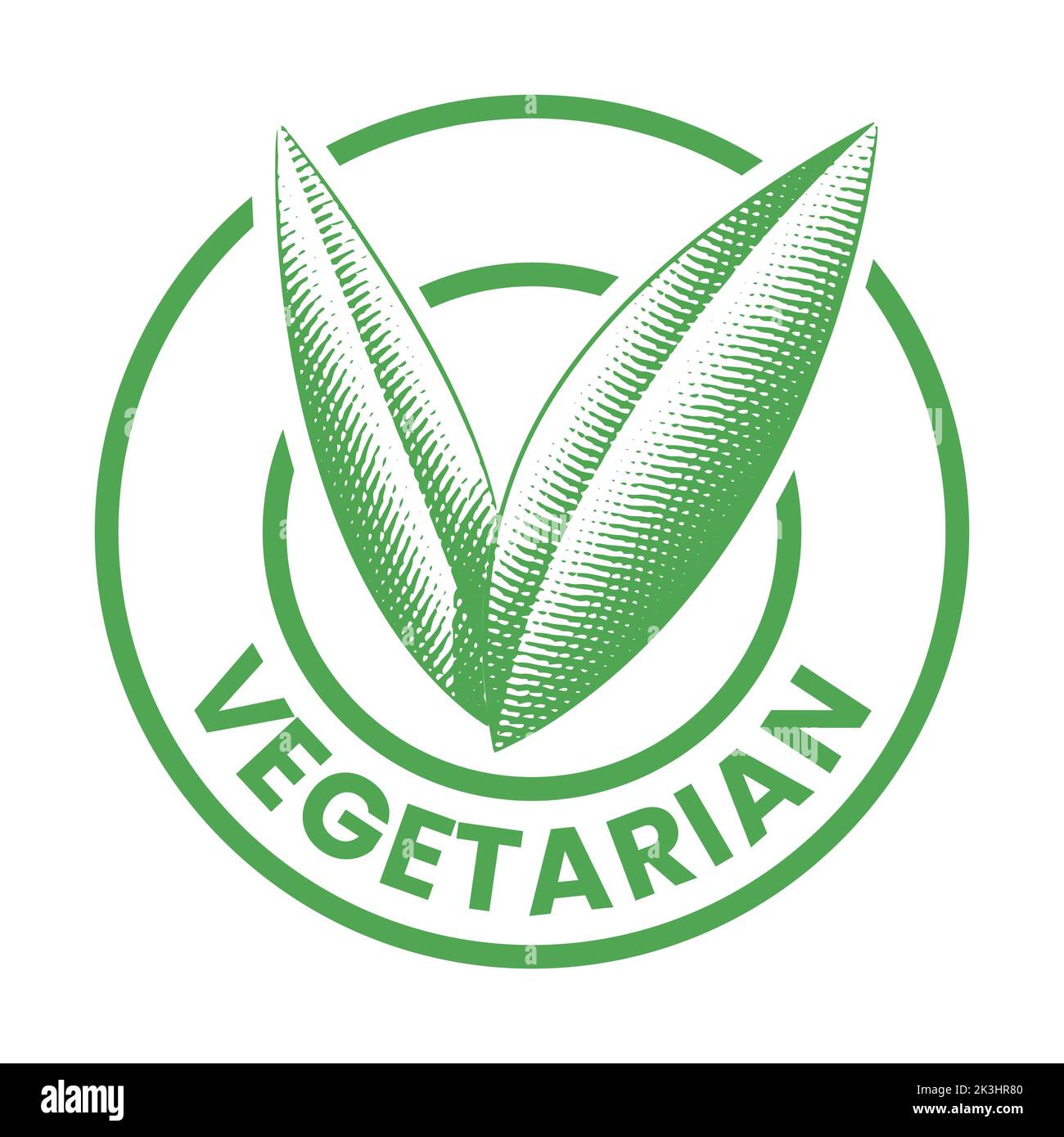 Vegetarian Round Icon with Engraved Green Leaves isolated on a White ...