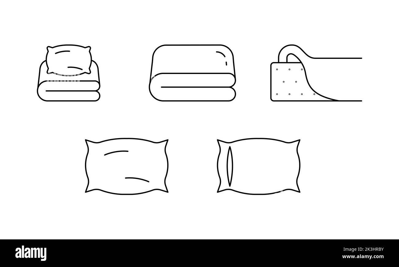 Simple bed linen set, vector outline icons. EPS 10. With pillows
