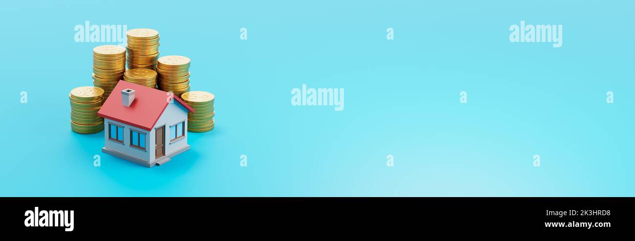 House ahead of Stacks of Coins on Blue Background Stock Photo