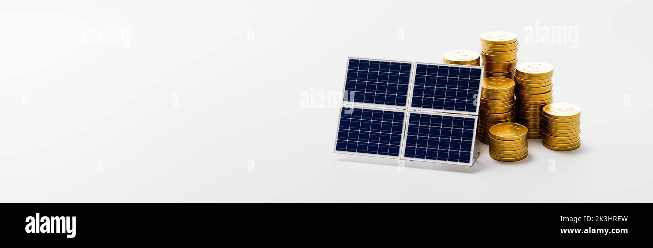 Solar Panel ahead of Stacks of Coins on Gray Background Stock Photo