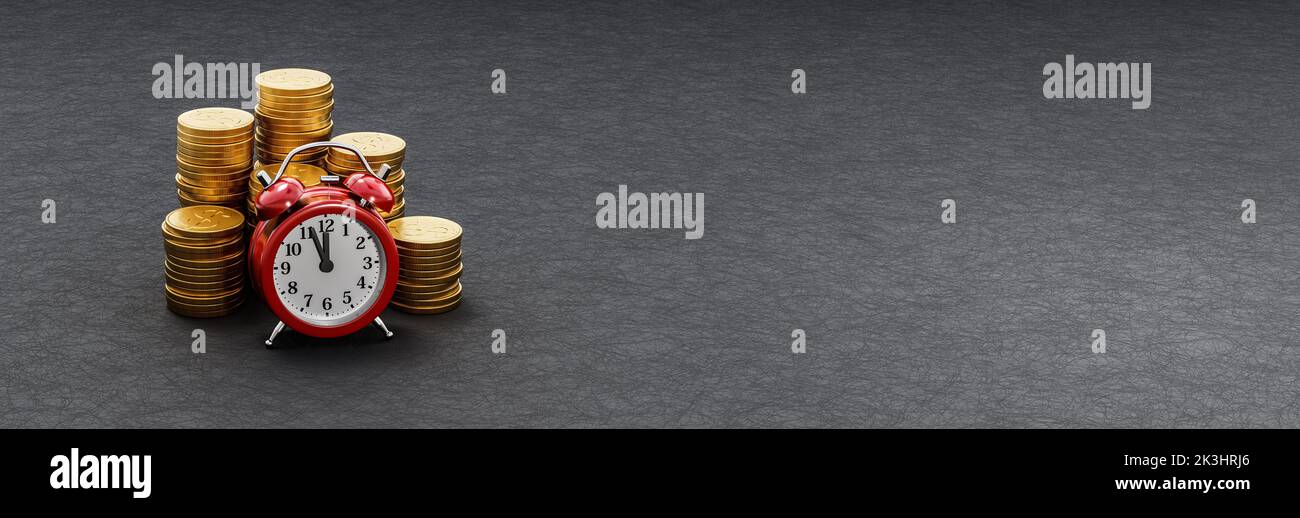 Alarm Clock ahead of Stacks of Coins on Dark Background Stock Photo