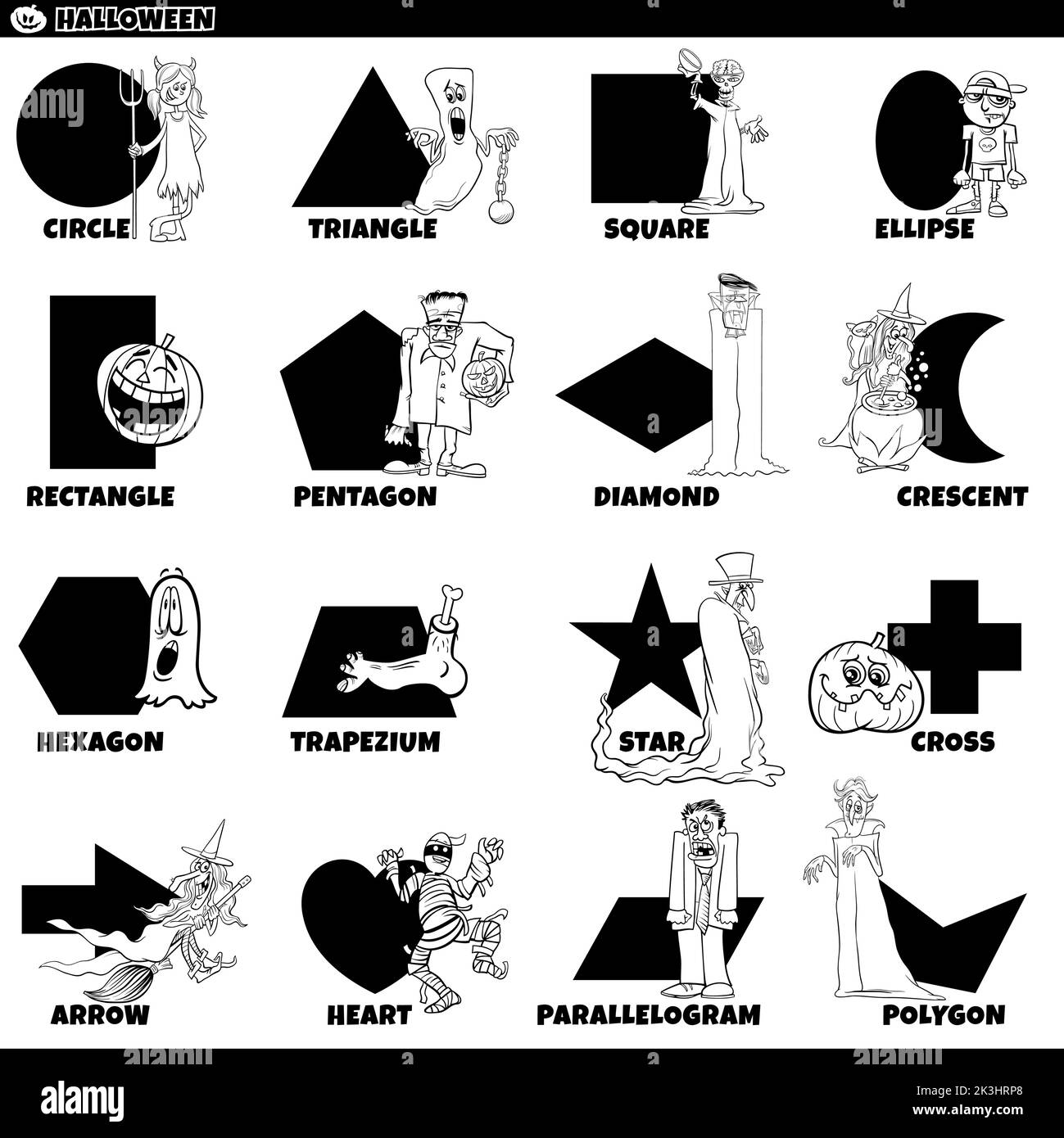 Black and white educational cartoon illustration of geometric shapes