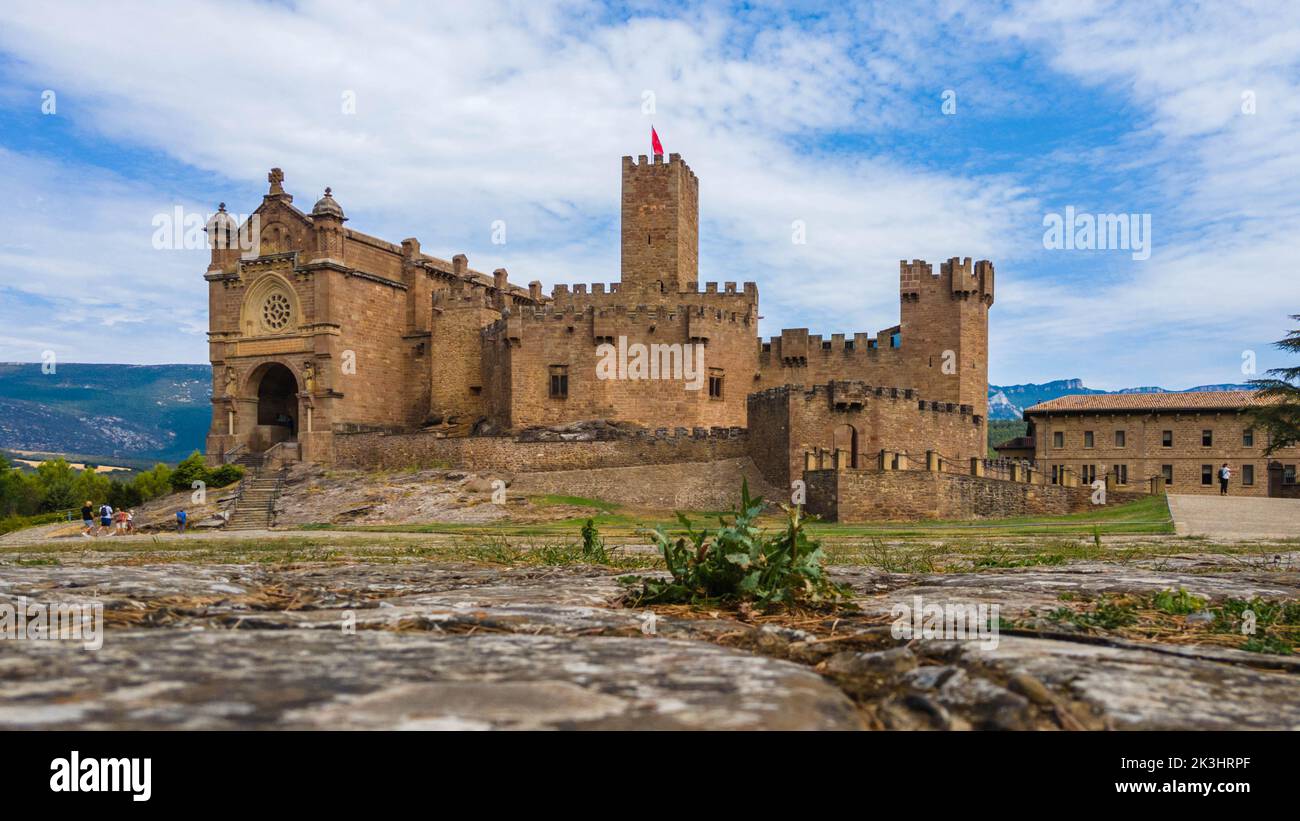 Impressive 10th century Javier castle in Spain. Air takeoff. Stock Photo
