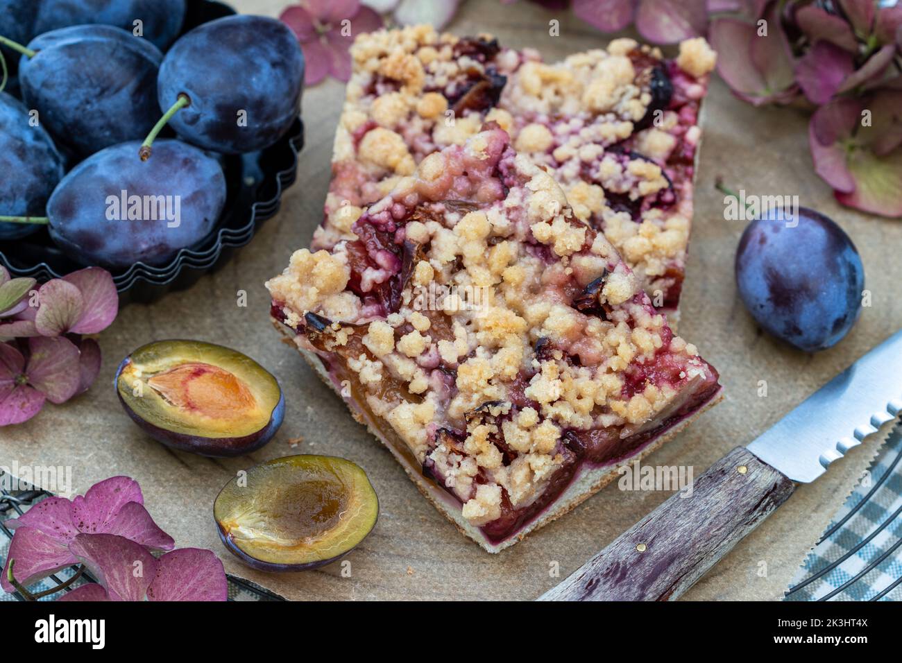 plum cake with yeast dough and crumbles,  German plum cake Stock Photo