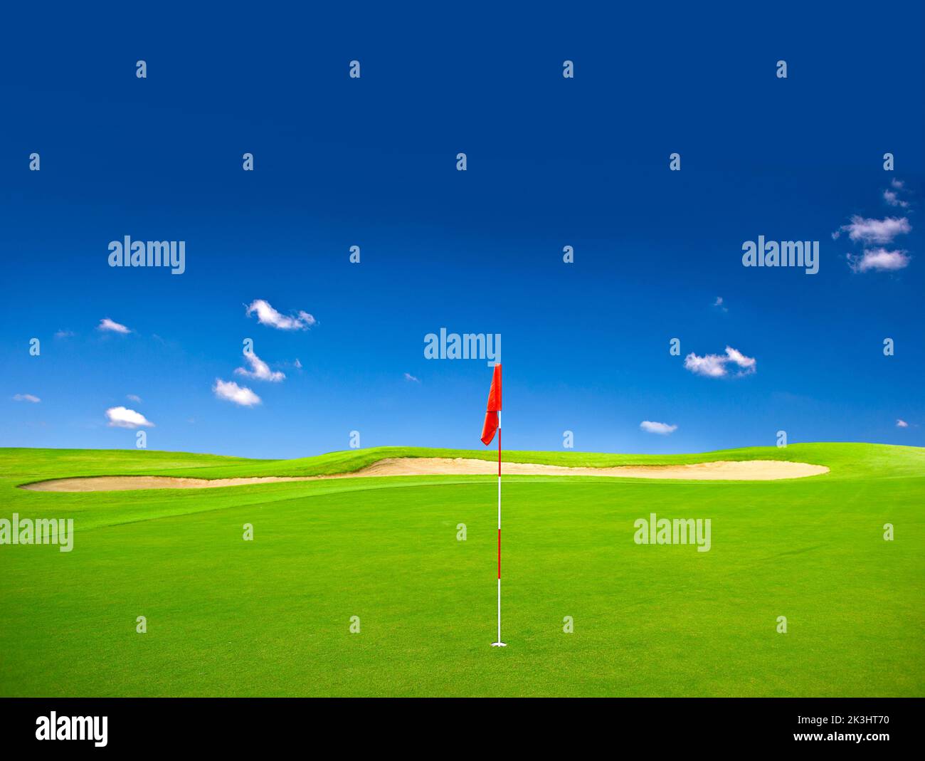 Green field golf club course with blue sky. Nature landscape background Stock Photo