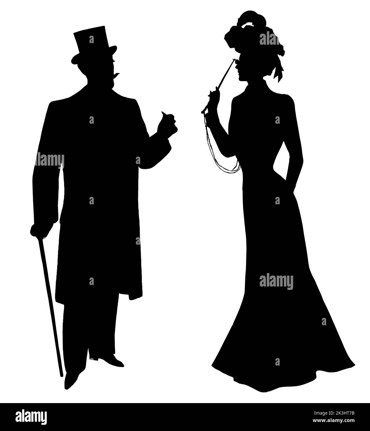 Man woman silhouette in vintage elegant dress and hat. Retro fashion people isolated on white background Stock Photo