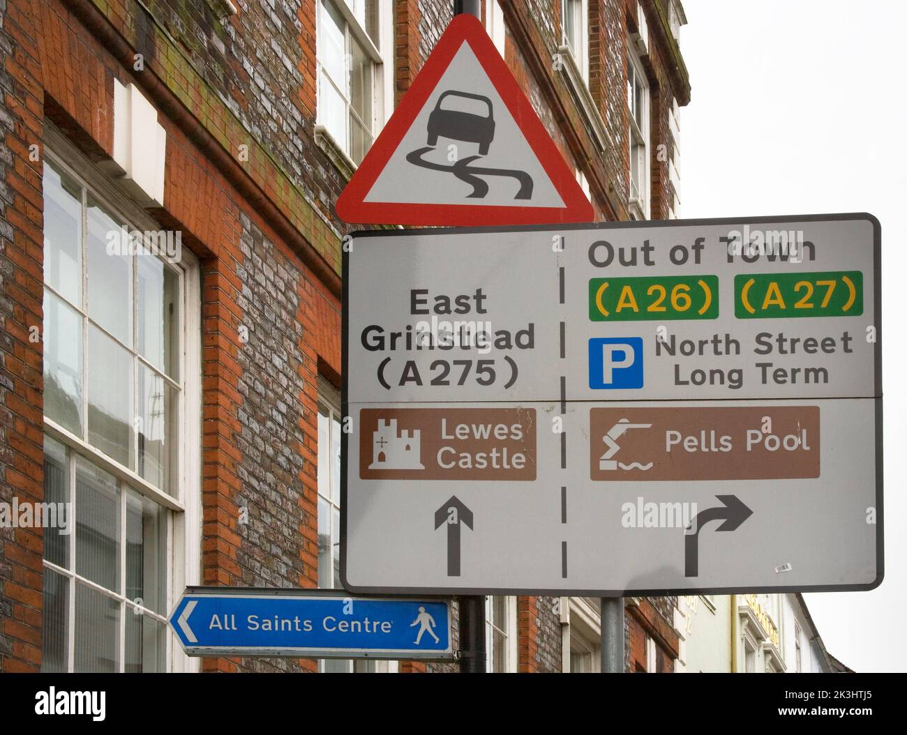 multiple road signs in the centre of the east sussex town of lewes Stock Photo