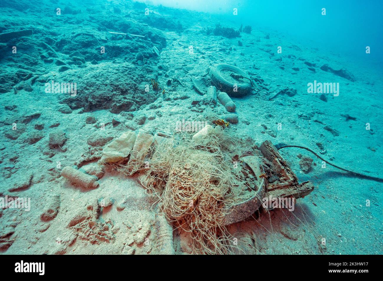 Underwater clean-up of extensive garbages over the ancient shipwreck Bozburun Marmaris Turkey. Stock Photo