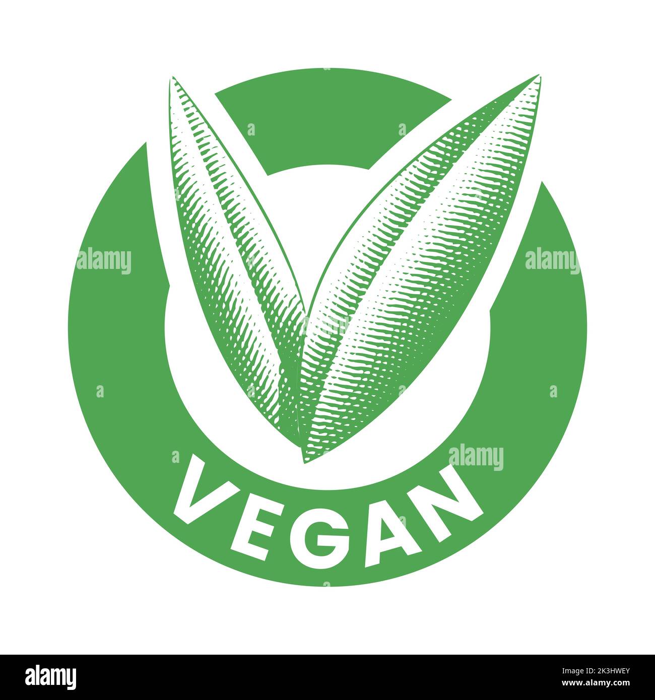 Vegan Round Icon with Engraved Green Leaves isolated on a White ...