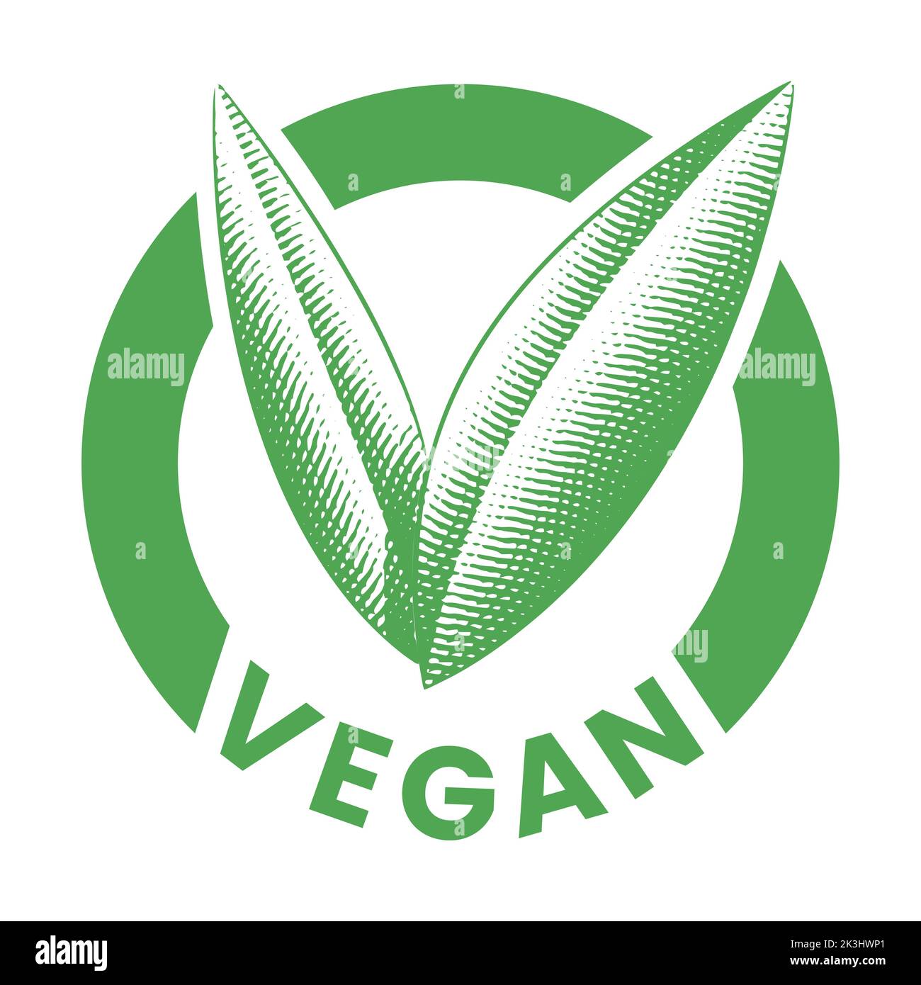 Vegan Round Icon with Engraved Green Leaves isolated on a White ...
