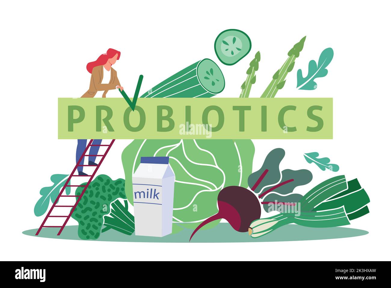 Probiotics, intestinal flora, healthy food. Tiny woman on ladder and