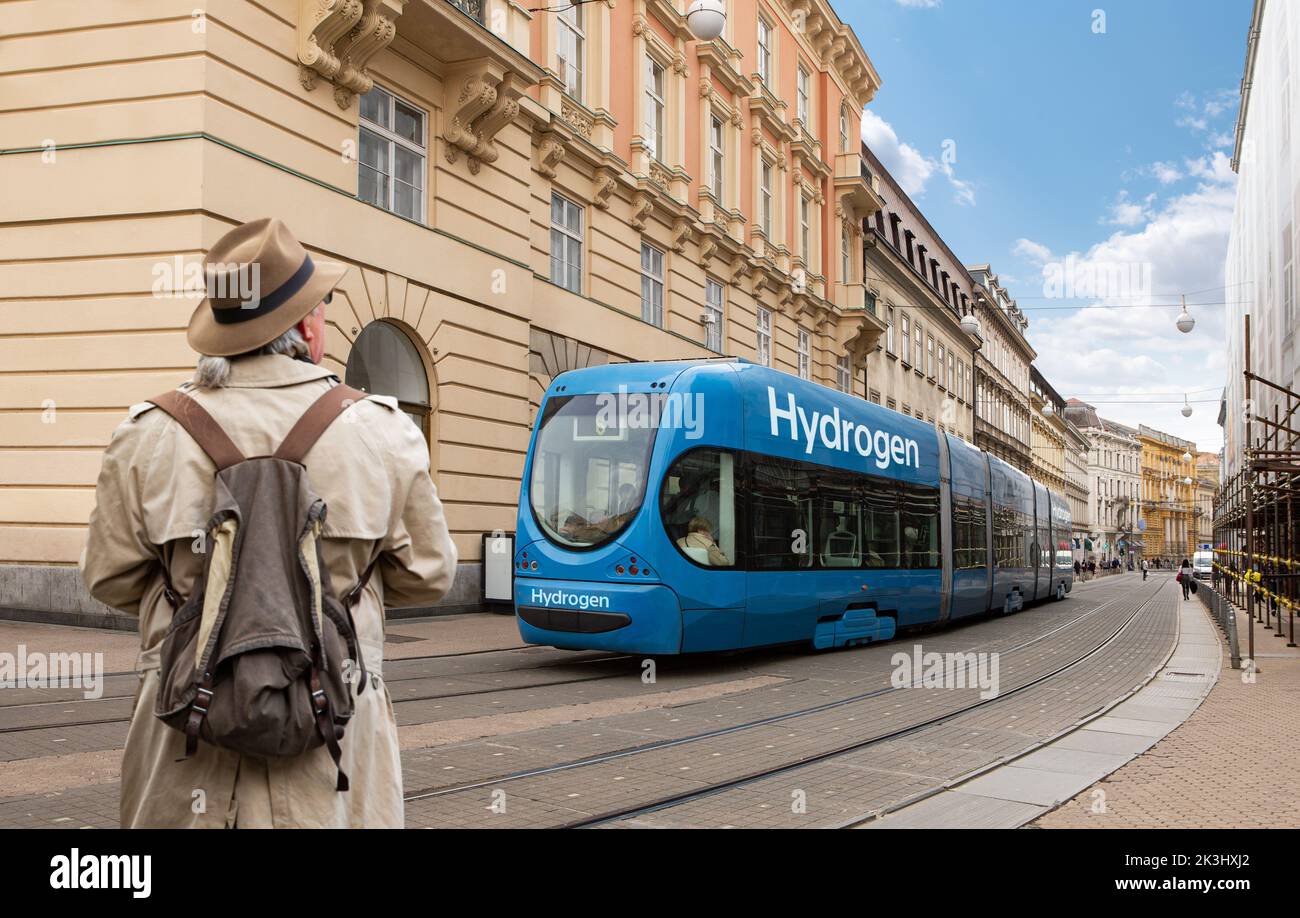 Concept of hydrogen fuel cell tram on a city street  Stock Photo