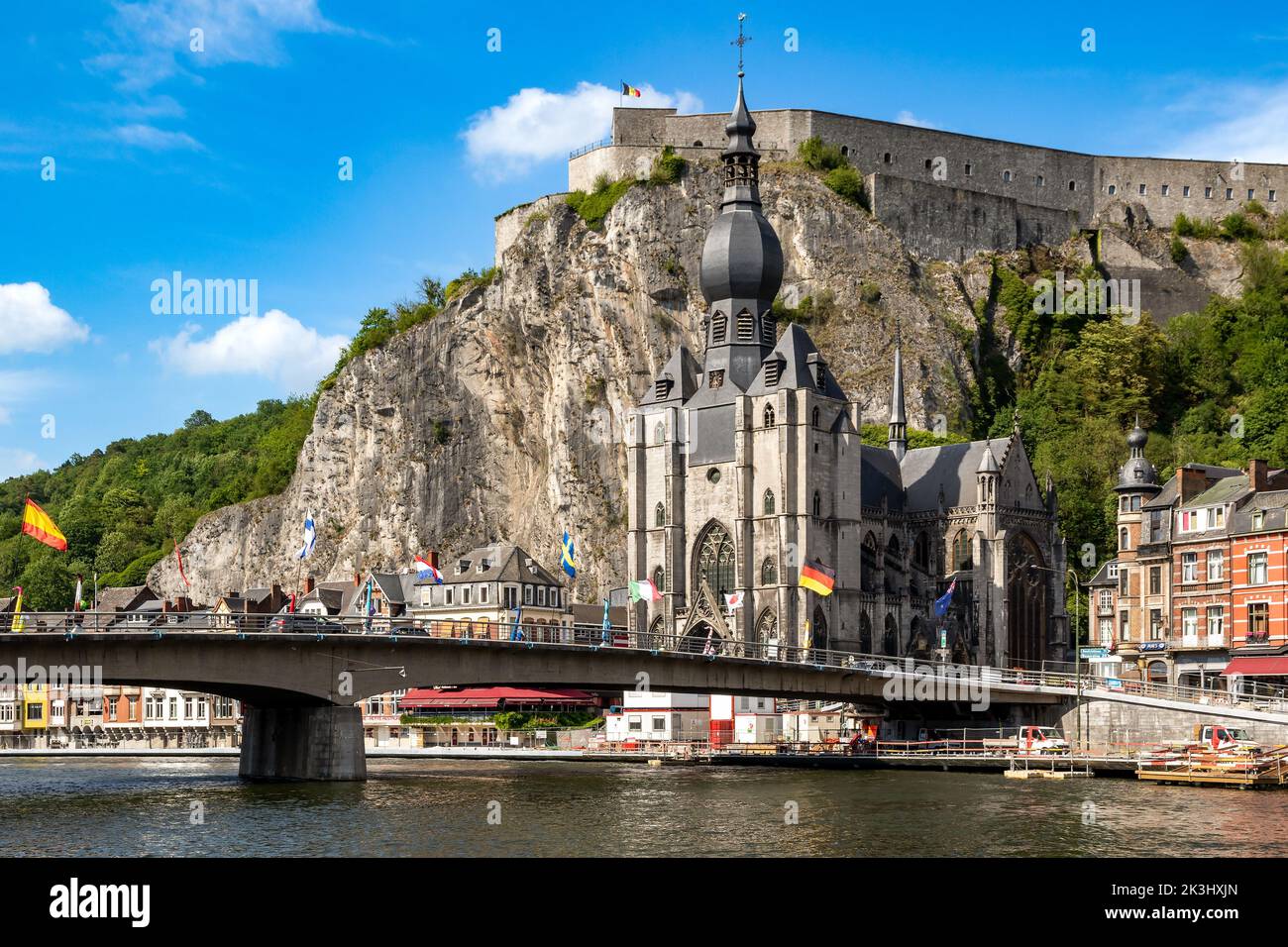 Bridge and Collegiate Church of Notre-Dame landmarks of Dinant, Waloon region, Belgium. June 15 - 2017 Stock Photo