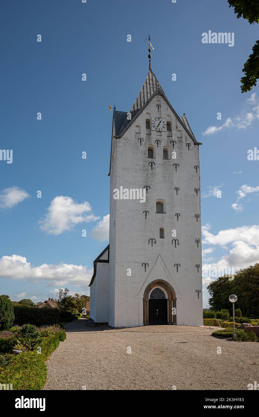 the tall tower of Brøns church in jutland, Denmark, september 15, 2022 Stock Photo