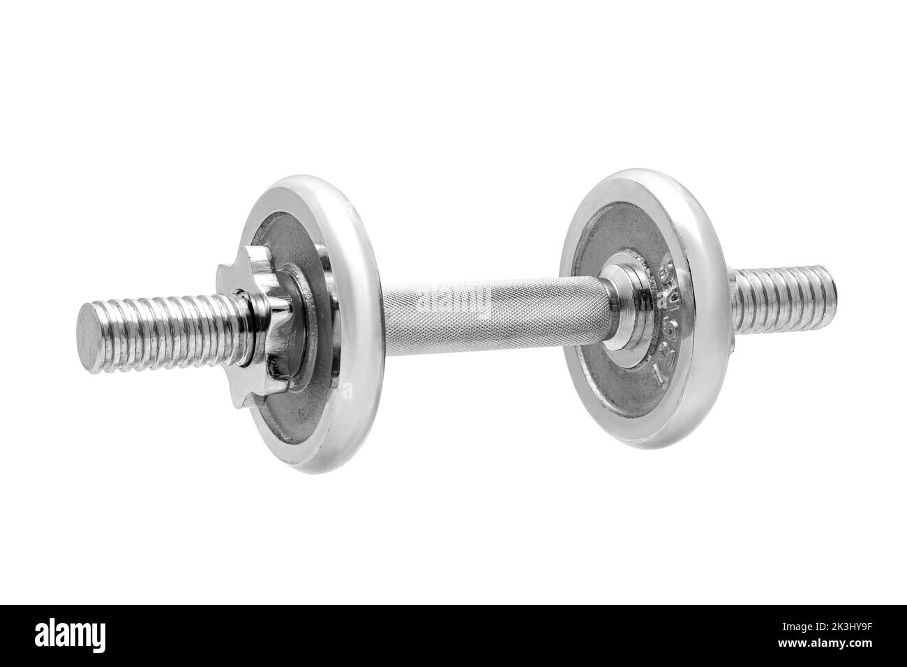 gray adjustable dumbbell from stainless steel with roughened non-slip handle, prefabricated accessory consisting of threaded rod and extra weight panc Stock Photo