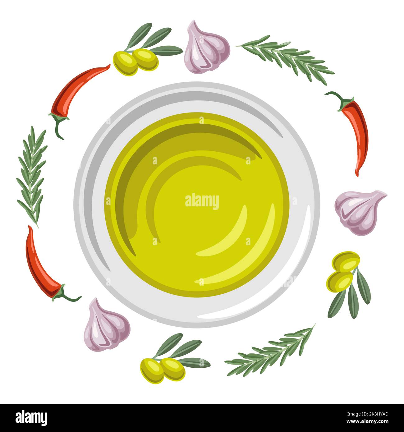 Background with flavored oil rosemary and chili pepper, olive branch and garlic. Spicy for