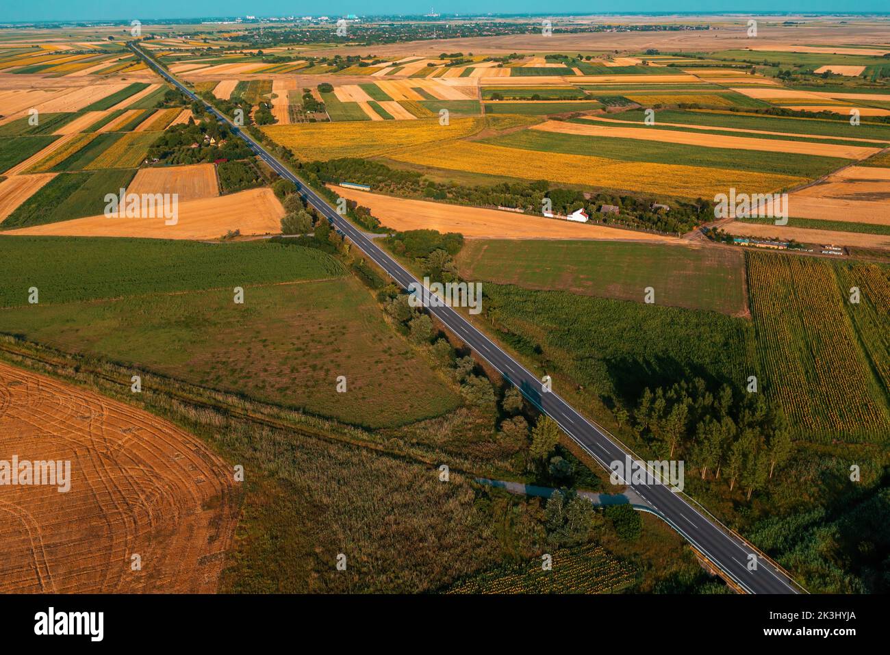 Aerial shot of straight highway through cultivated agricultural fields in Vojvodina, Serbia from drone pov Stock Photo