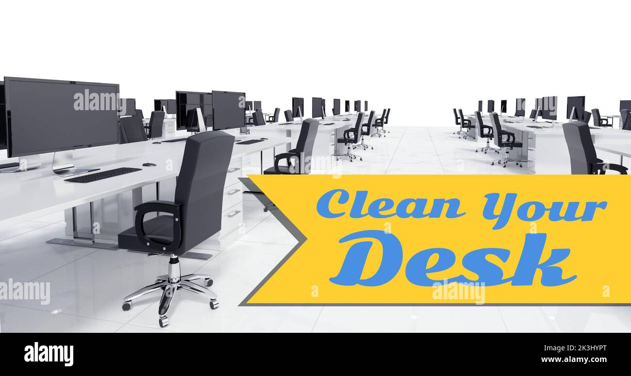 Composite of clear your desk text and desktop with table and chairs arranged at desk in office Stock Photo