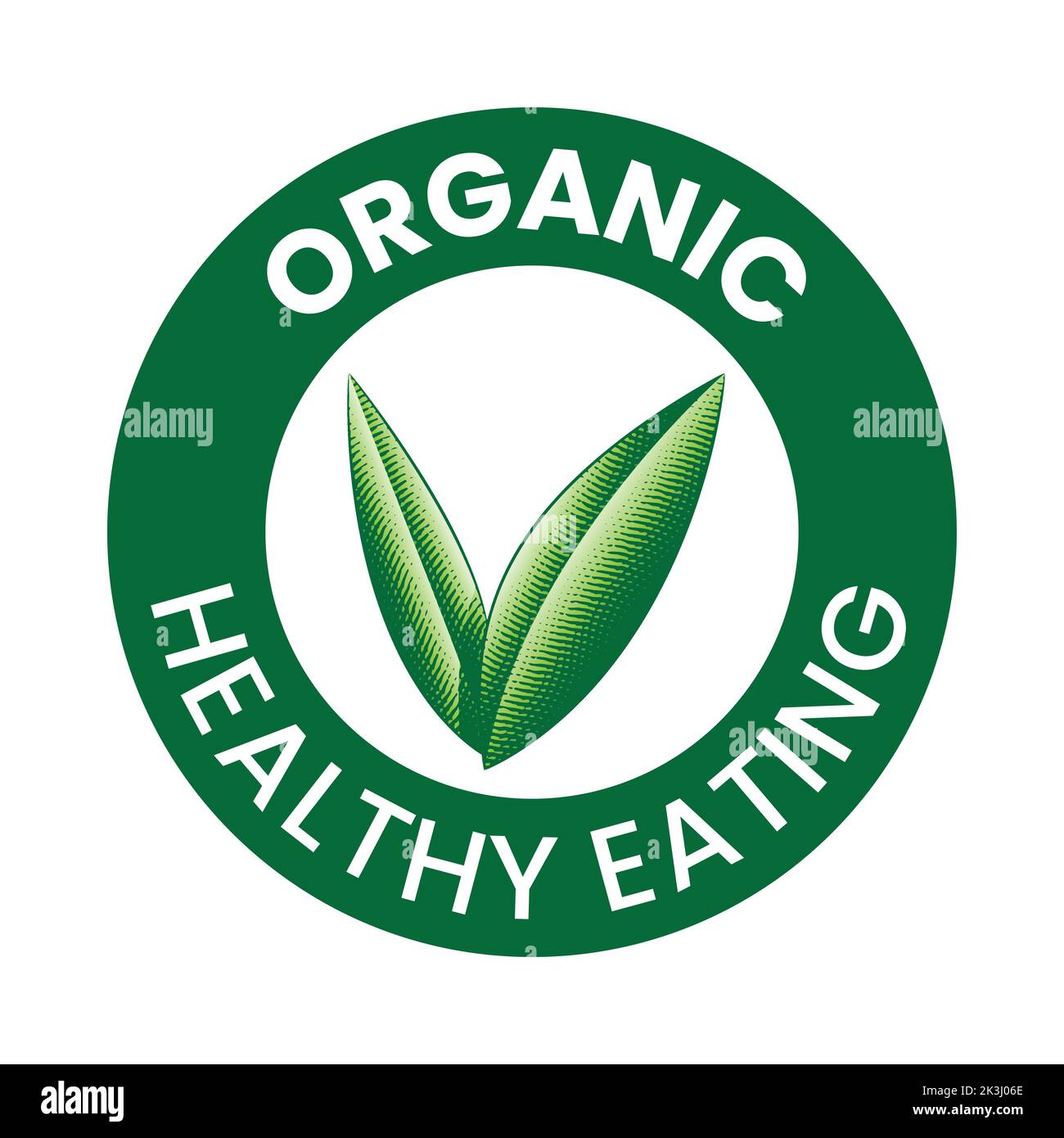 Organic Healthy Eating Round Icon with Engraved Green Leaves isolated ...