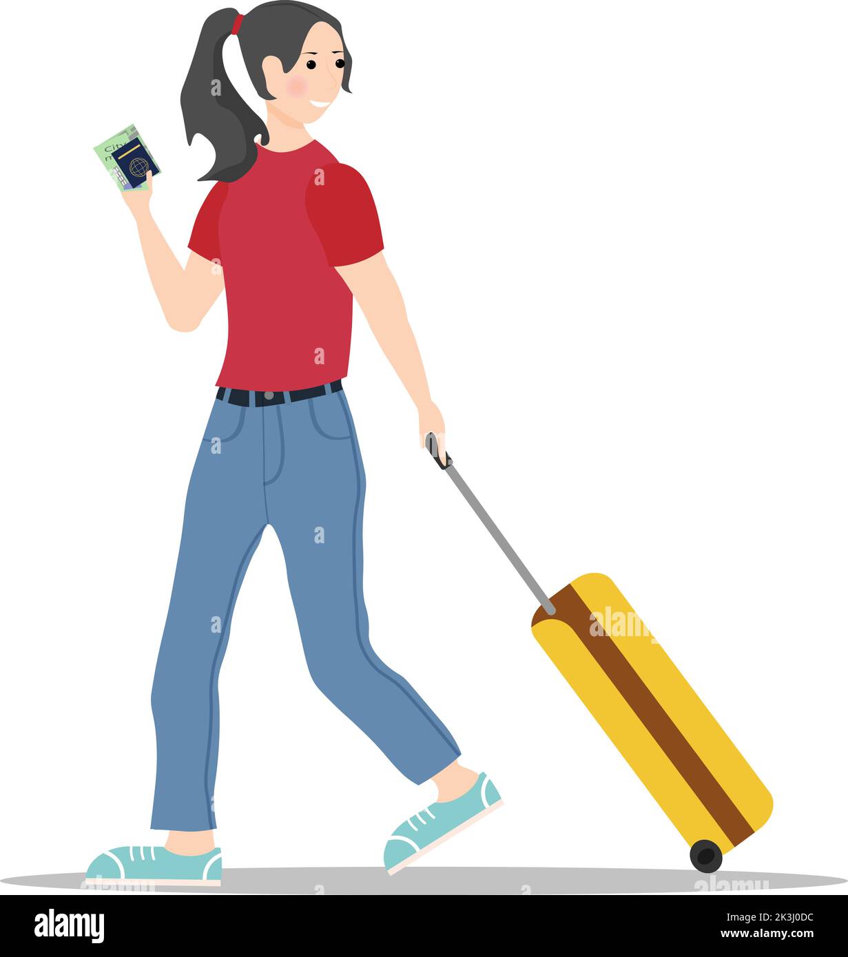 Girl with a suitcase travels. Vector illustration isolated on white