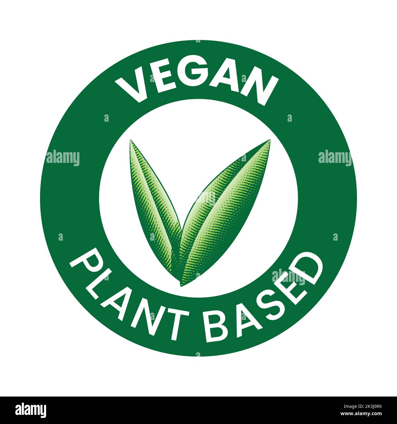 Vegan Plant Based Round Icon with Engraved Green Leaves isolated on a ...