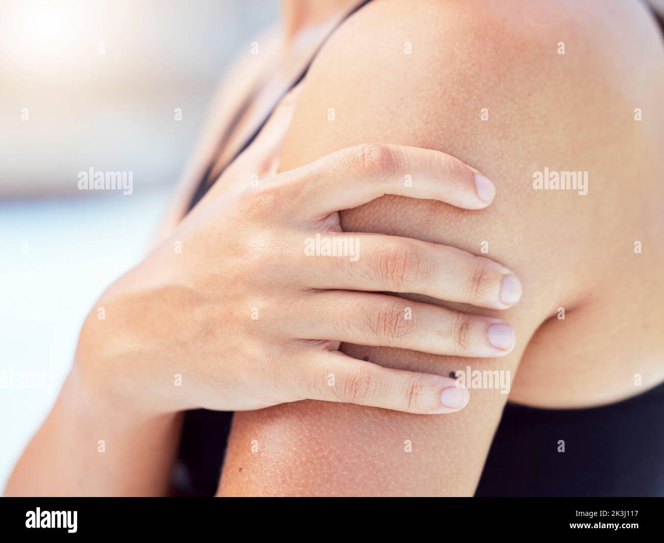 Arm injury, shoulder pain and muscle problem of woman, sports and