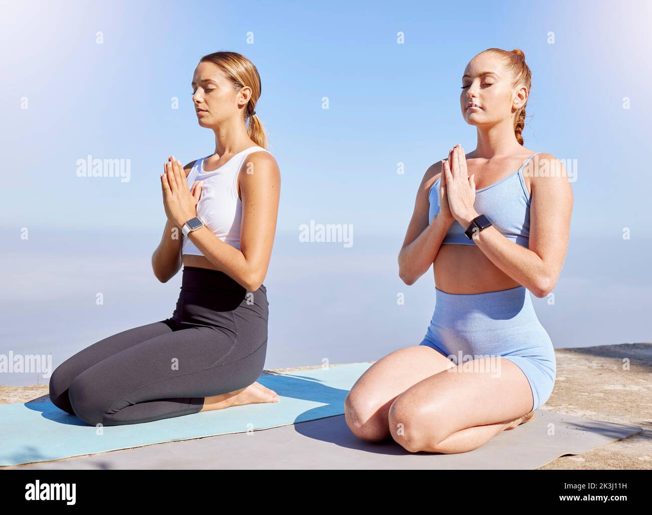 Yoga, friends and meditation with women in nature and breathing exercise for peace, health and wellness. Fitness, motivation and relax with woman Stock Photo