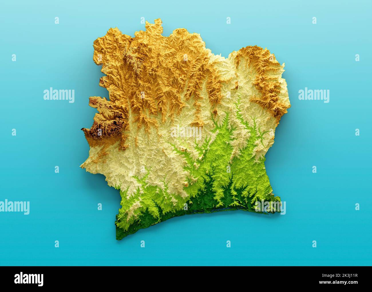 Ivory Coast Map Shaded relief Color Height map on the sea Blue