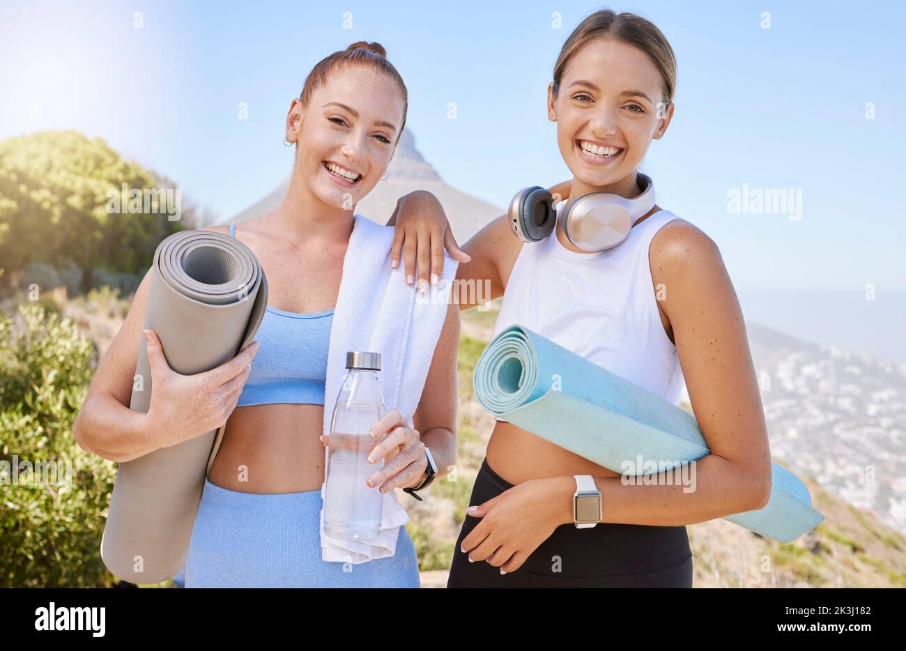 Outdoor fitness, yoga and women friends with workout motivation and training gear for wellness, healthy lifestyle in lens flare. Modern sports people Stock Photo
