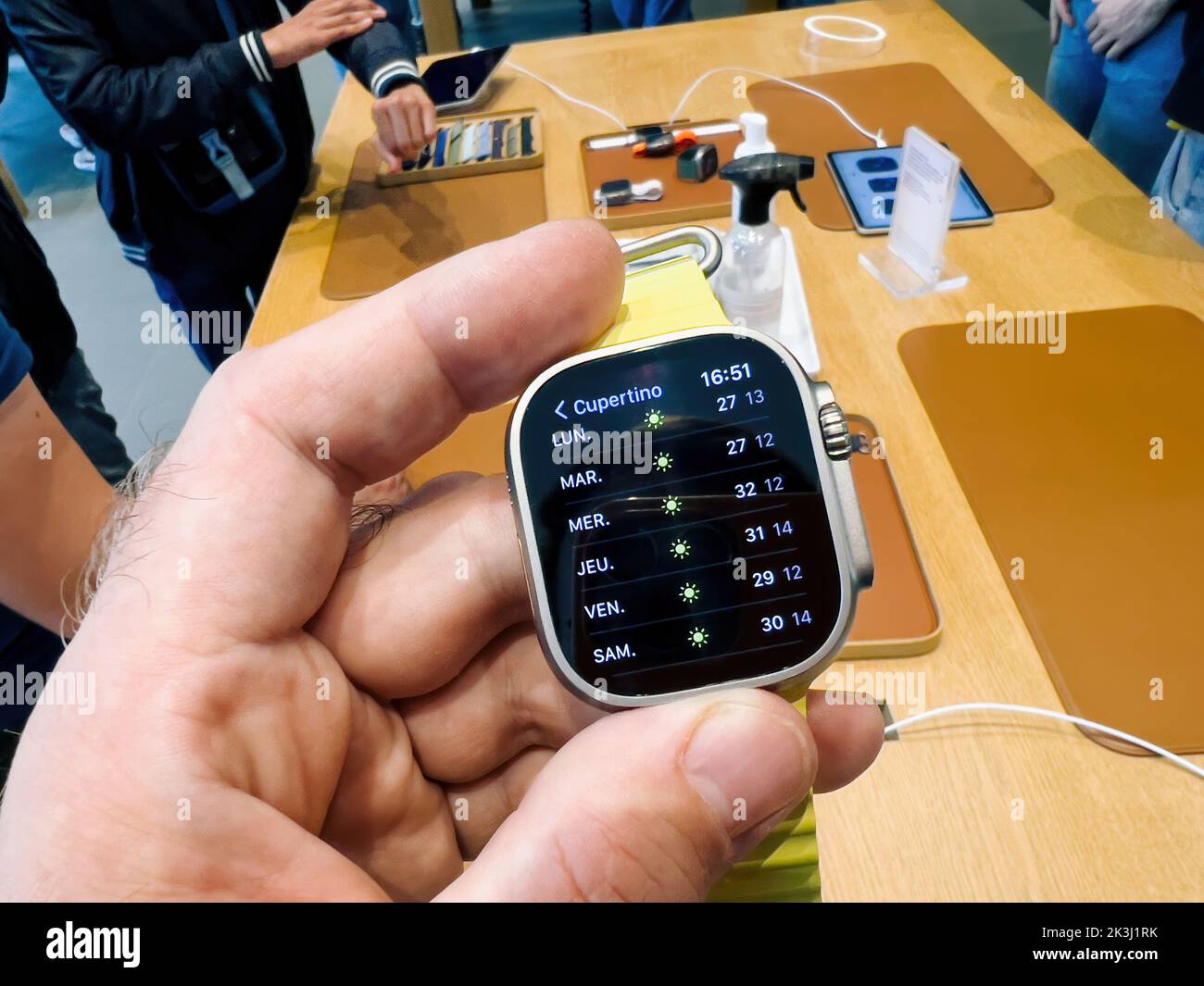 Paris, France - Sep 23, 2022: Weather in Cupertino on the display app Apple Store first day of sale for new titanium Apple Watch Ultra designed for extreme activities like endurance sports, elite athletes, trailblazing, adventure Stock Photo
