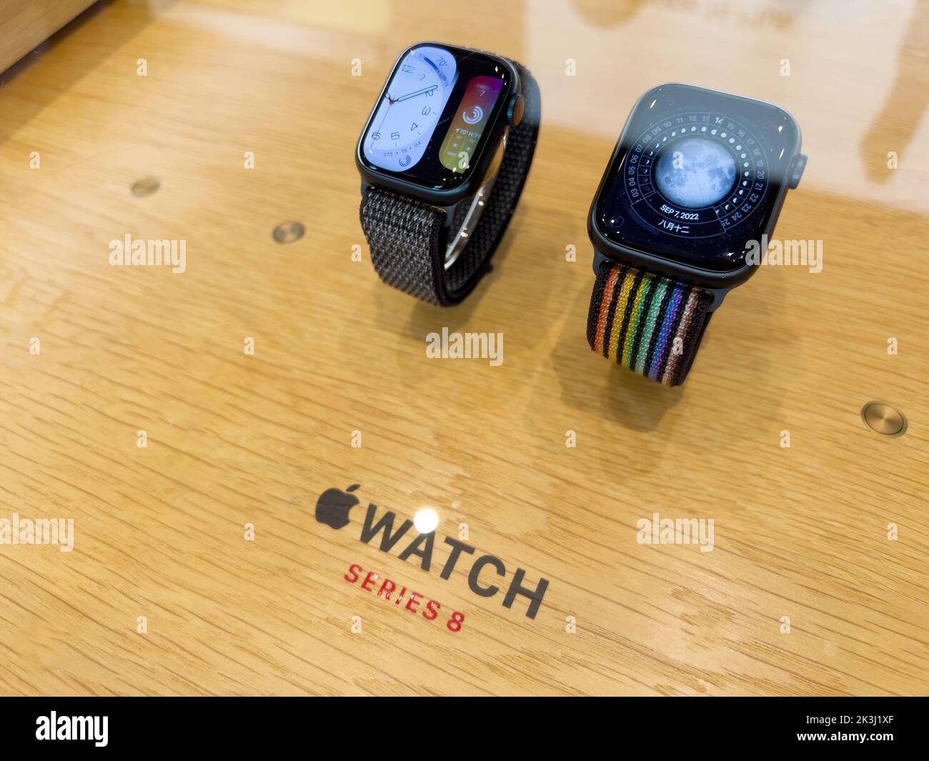 Paris, France - Sep 16, 2022: Apple store featuring new Apple Watch series 8 with features: Cycle Tracking and Crash Detection two new temperature sensors, a high-g accelerometer, improved gyroscope. Stock Photo