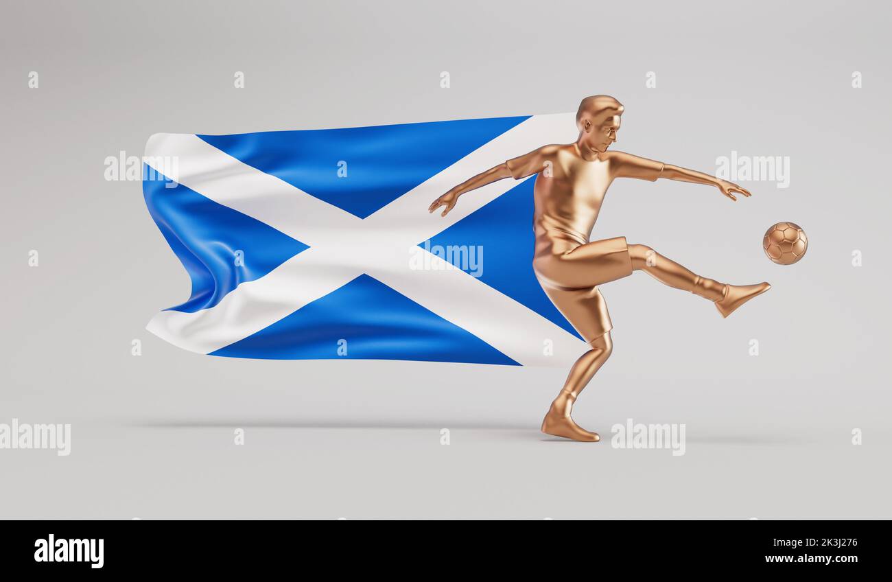 Golden soccer football player kicking a ball with scotland waving flag. 3D Rendering Stock Photo