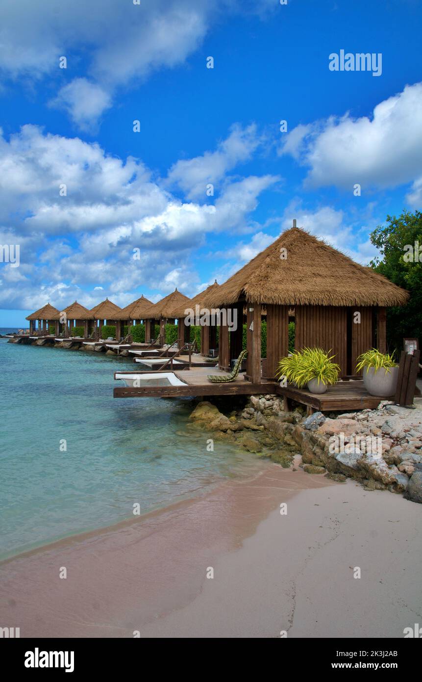 Aruba beach flamingo island august 2022 - beach huts - renaissance hotels  Aruba. beach sea and huts - Cabanas Stock Photo