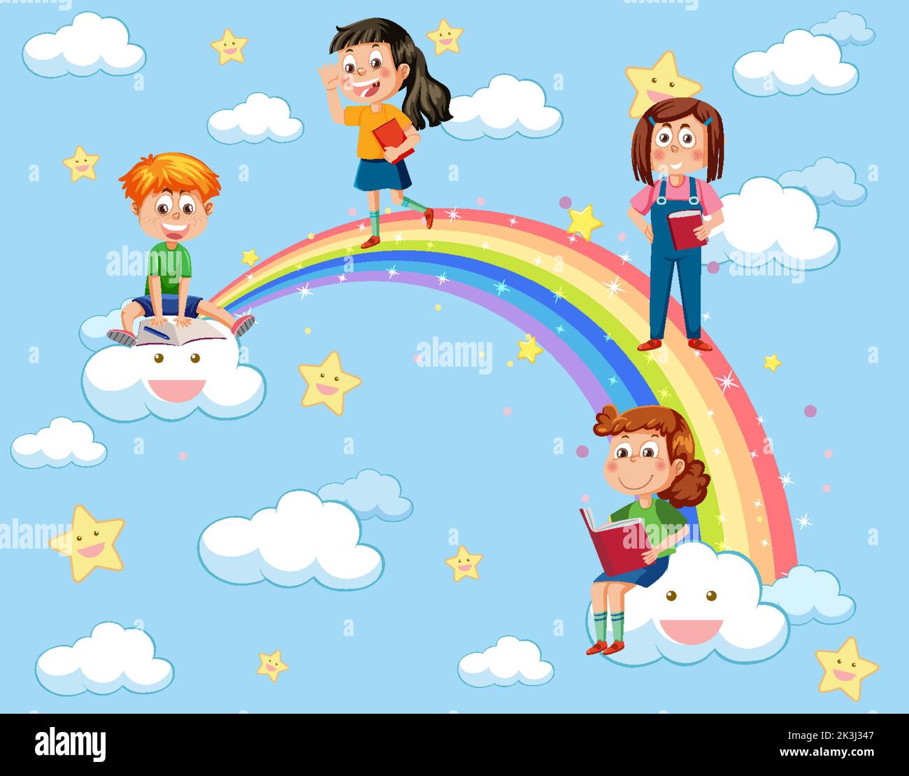 Happy kids in in the sky with rainbow illustration Stock Vector Image ...