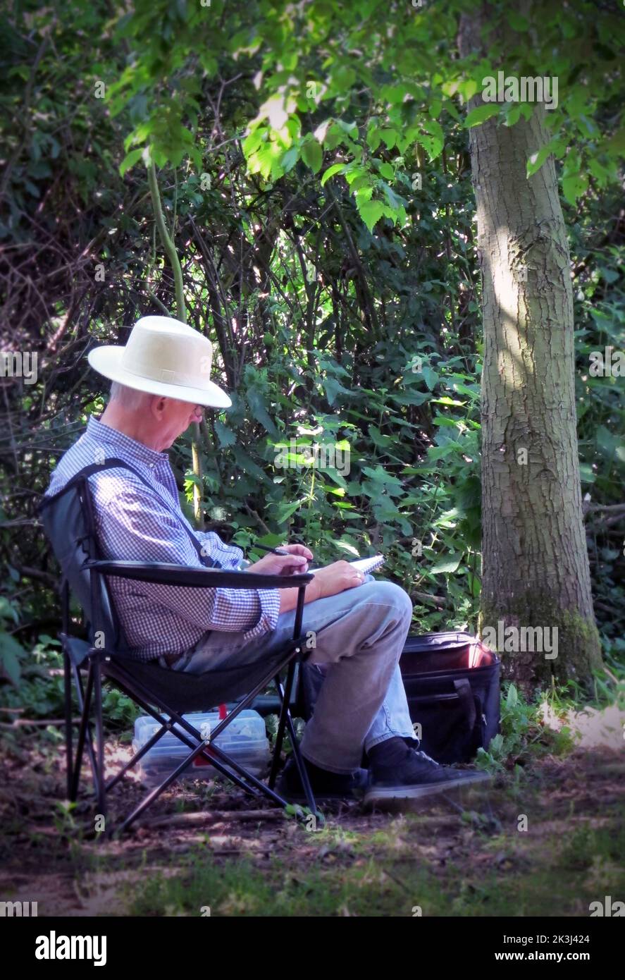lone retired older man sitting in shady glade writing Stock Photo