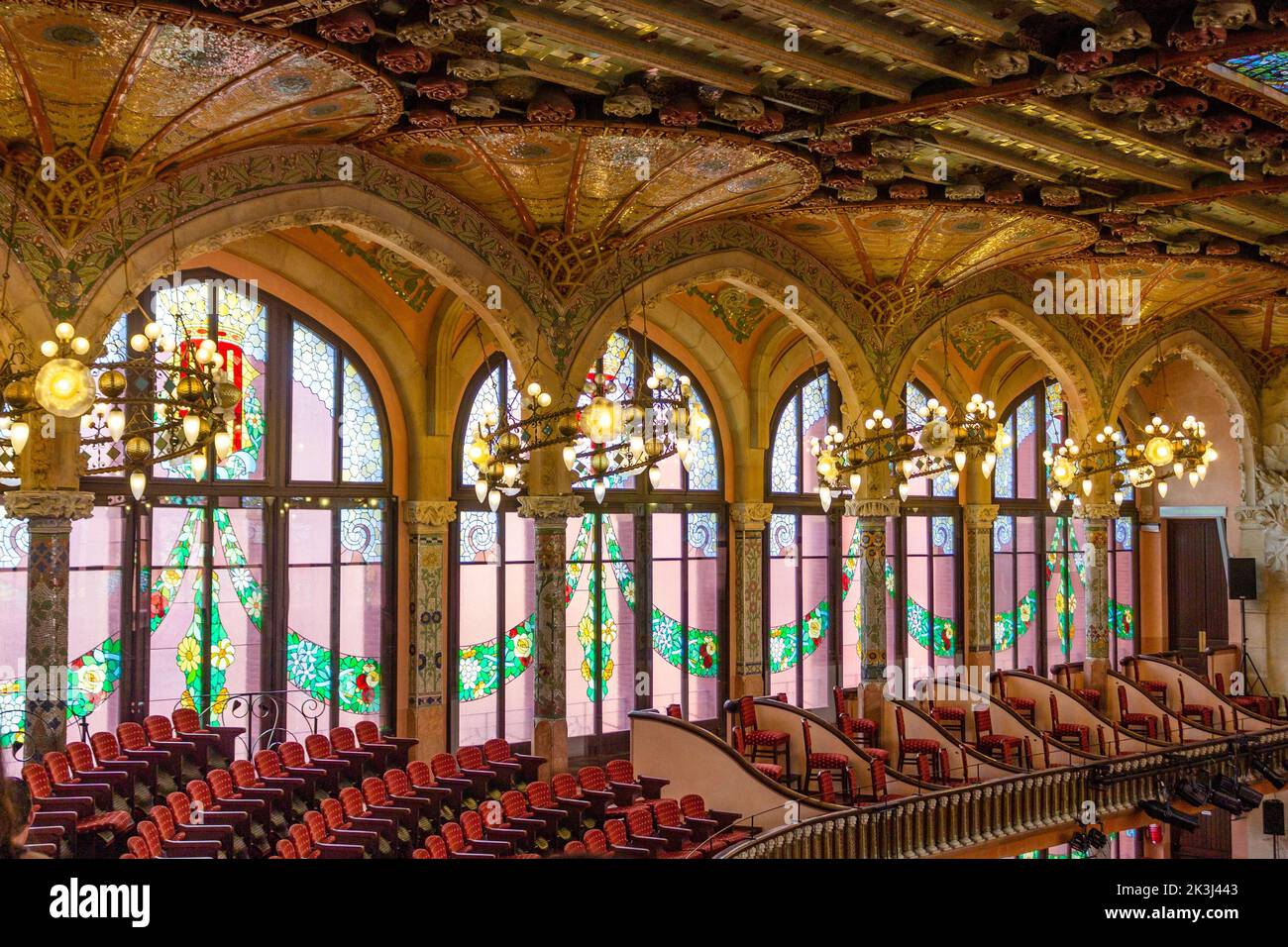 The view of the theatrical setting vintage interior of Palau de la Musica in Barcelona Stock Photo