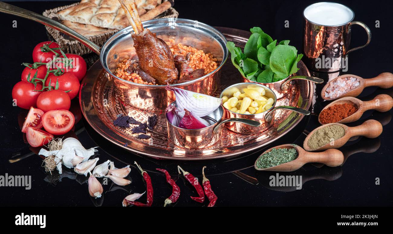 Traditional Turkish Food Lamb shank and rice. Slow cooked lamb shank