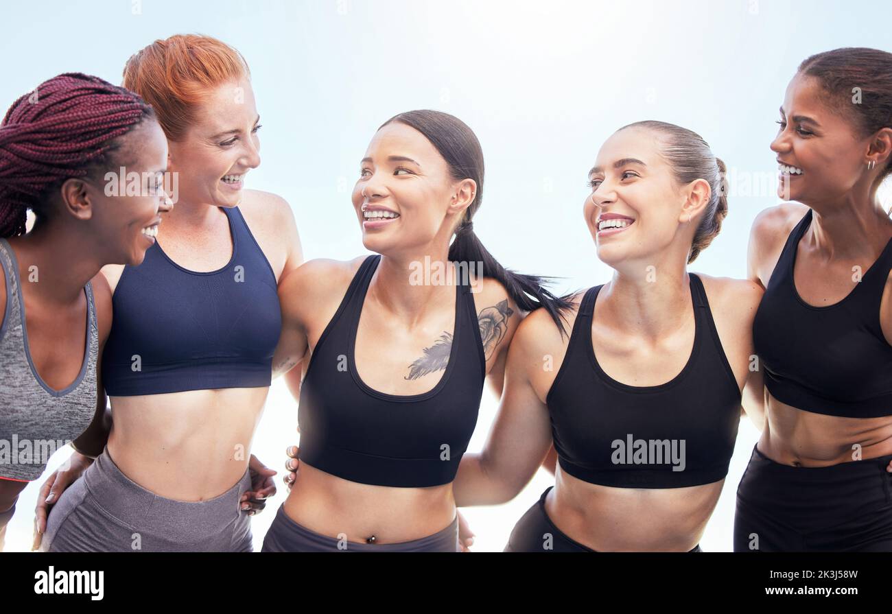 Fitness group, athlete women and accountability friends laughing, happy and enjoying workout, training and exercise outside. Diversity, smile and Stock Photo