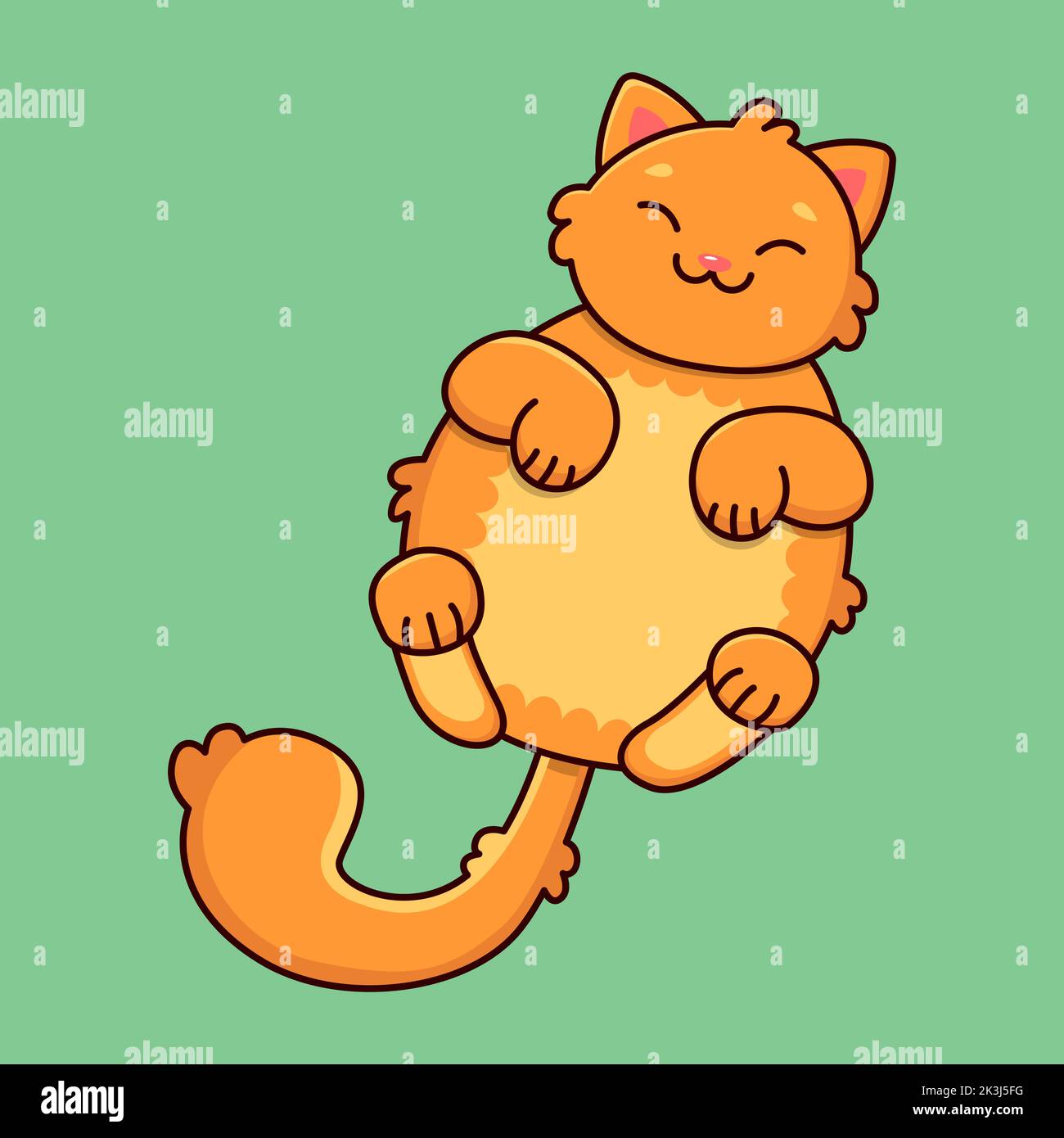 Sleeping smiling ginger cat on a green background. Blue sky and yellow stars. Vector illustration Stock Vector