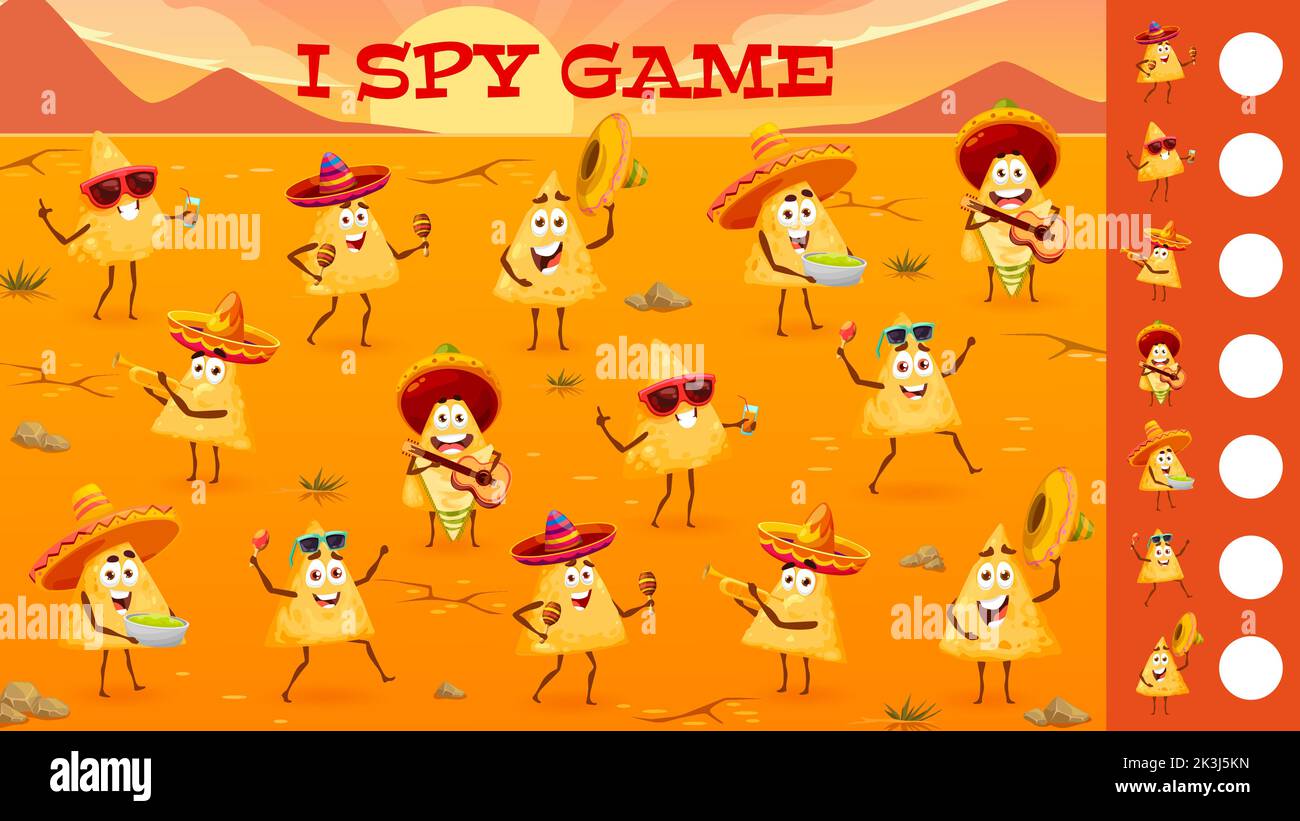 Funny cartoon Mexican nachos chips characters, I spy game worksheet ...