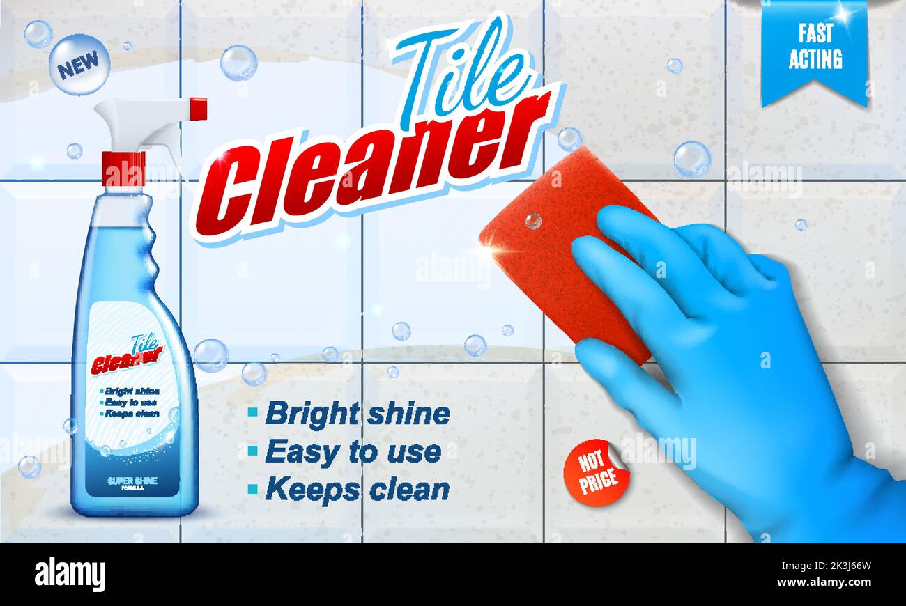 Floor, kitchen and bathroom tile cleaner, cleaning product detergent vector ad. Tile cleaner spray bottle, sponge and hand in glove, kitchen floor liquid wash and bath cleaner advertising template Stock Vector